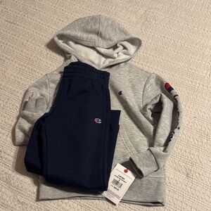 Champion Light Gray Hoodie and Dark Blue Sweatpants